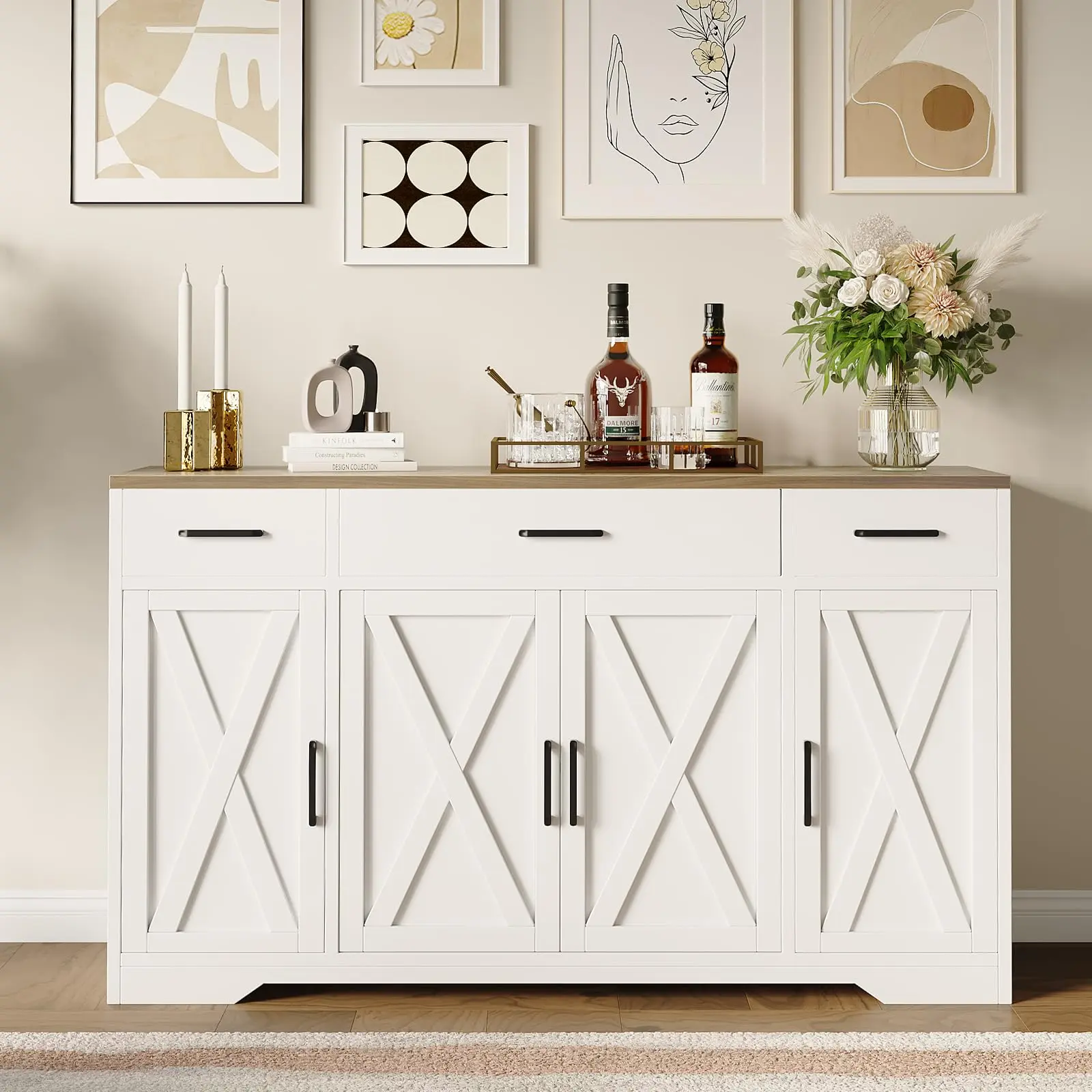 55 in Large Buffet Sideboard Cabinet with Storage 4 Doors and 3 Drawers Kitchen Storage Cabinet Coffee Bar Buffet Table for Dining Room, Living Room, Adjustable Shelf