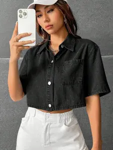 Washed Cropped Denim Shirt - Casual Summer Top for Women - TikTok Fashion Essential