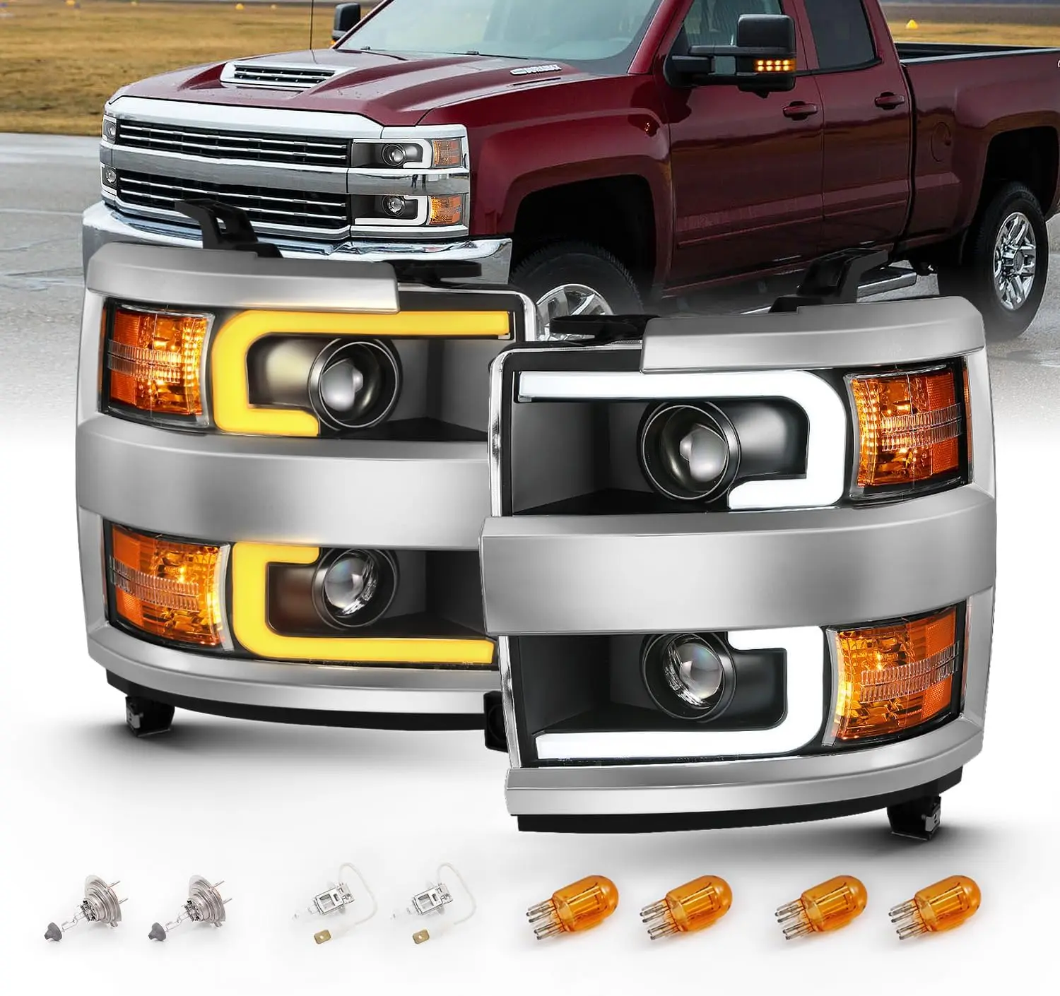 AmeriLite for 2015-2019 Silverado 2500HD 3500HD Pickup w/Dual Switchback LED Tube Quad Projector Black Replacement Headlights Assembly Set - Passenger and Driver Side