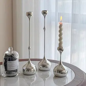 3-Piece Silver Sparkling Waterdrop-Shaped Metal Tapered Candlesticks, Modern Luxury Home Decor, Perfect for Home Table Ornament, Wedding Gift