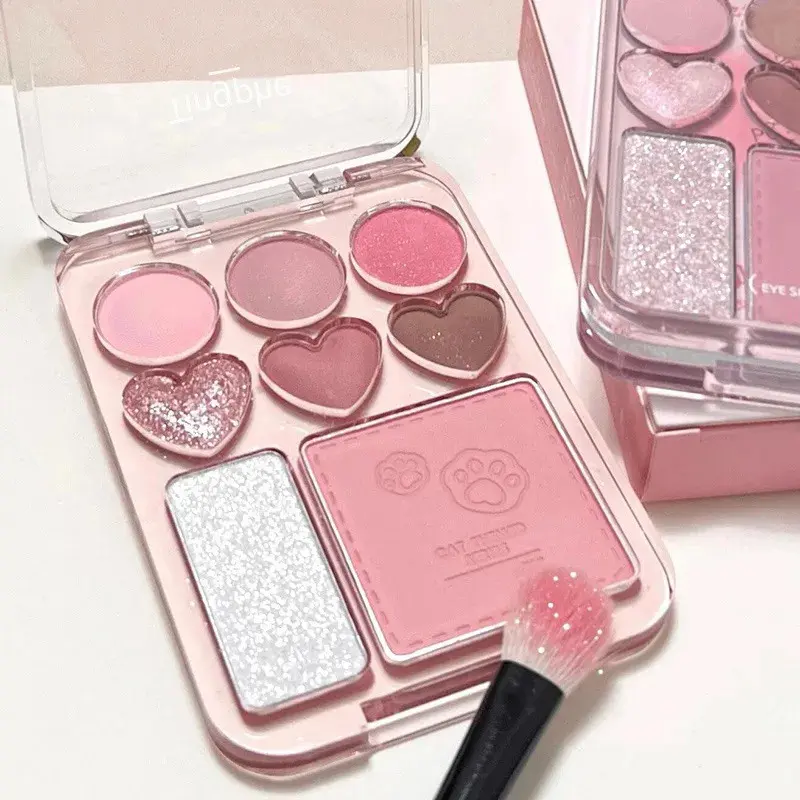 8-Color Pink & Orange Mineral Eyeshadow Palette - Long-Lasting Shimmer Cosmetic, Smooth Heart-Shaped Blush Powder, General Use for All Skin Types Day and Night, Brightening, Blendable, 9.4G, Easy To Wear, 3 Years, Glitter, Makeup, Shimmery, Silky, Waterpr