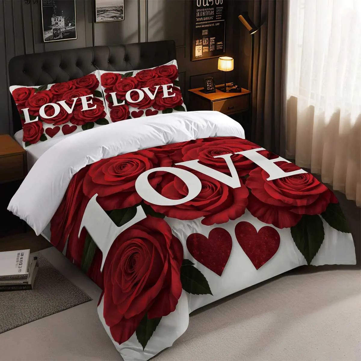 Three-piece romantic red rose love printed quilt cover set, bedding suitable for all seasons, suitable for couples, perfect for bedroom and guest room decoration, Duvet Cover Set, Bed Sets, Decorative Bedding Set