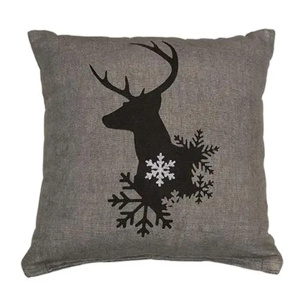 Winter Reindeer Decorative Pillow 11 Inch with Snowflake Design for Holiday Black and Gray Decoration Christmas Accent