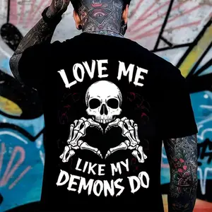 LOVE ME LIKE MY DEMONS DO Finger Heart Skeleton Print Men's T-Shirt, Top Menswear, Cotton Graphic Tee Shirt Casual Streetwear, Gift For Him, Trending Tshirt, Sweatshirt, Hoodie, Comfort Color