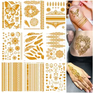 9 sheets of 110+ designs Glitter Gold Temporary Tattoo Metal for Women Adults, Glitter Gold Temporary Tattoo Sticker Golden Lion, Festive Sun, Moon Star Butterfly Glitter Tattoo Sticker, Looks Fake Tattoo A true and long-lasting long-lasting crystal