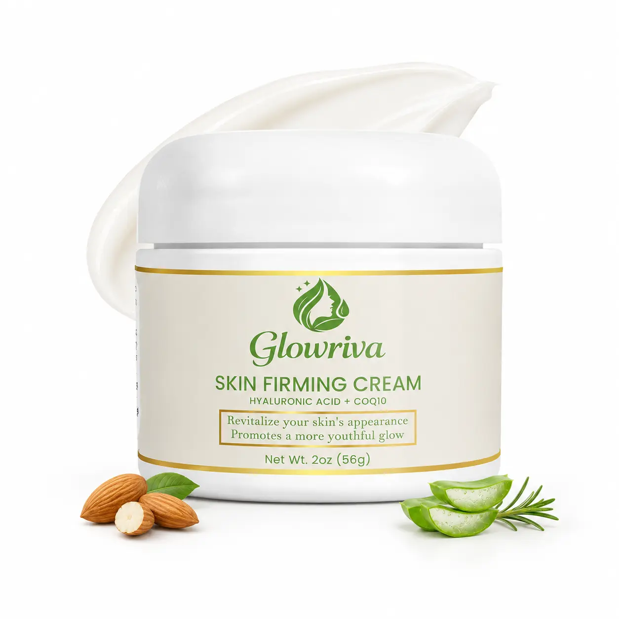 Glowriva Skin Firming Cream with DMAE, Hyaluronic Acid & CoQ10, Face Neck Jawline Moisturizer for Toned Youthful Glow, 2oz