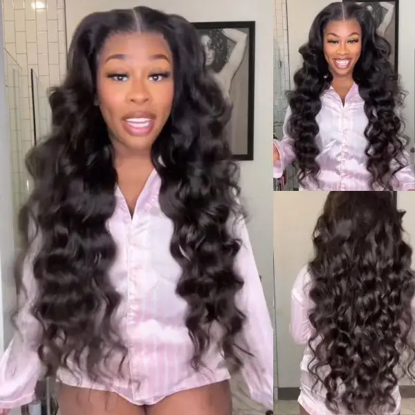 Amanda Hair Glueless Pre bleached 13x4 Lace Frontal Pre cut 6x4 Closure Loose Wave Wig with Curtain Bangs Body Wave Natural Black For Women curtain Ba