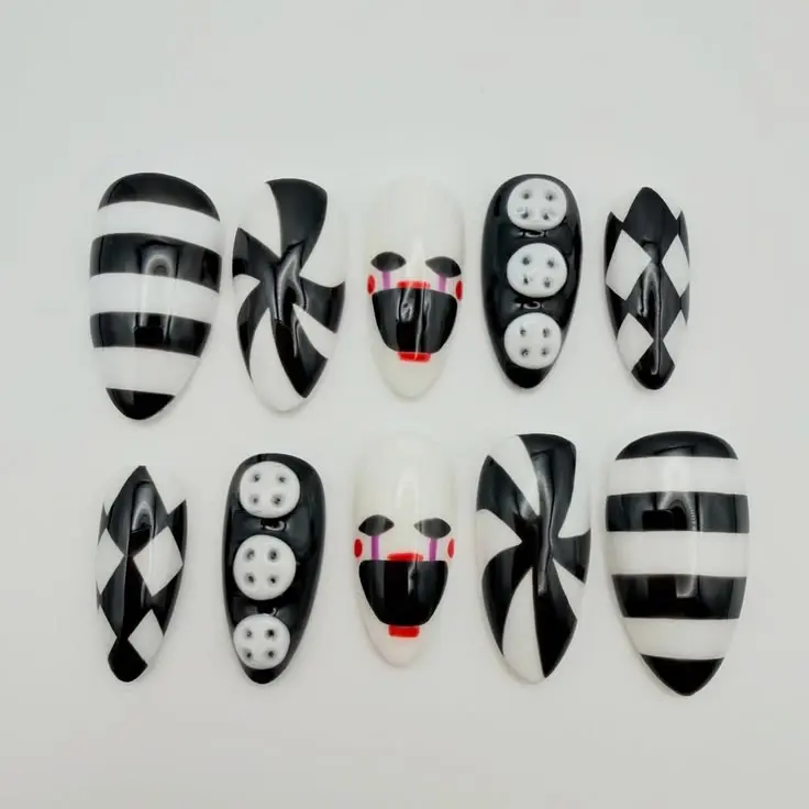 FNAF UPuppetie Press On Nails, Five Nights Freddy's Black White Nail Art, 3D Button Character Nails, Handmade Horror Reusable Fake Nails | Gift Set (Adhesive Tabs, Nail File, Cuticle Stick)