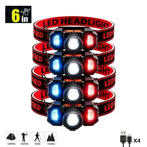 4 Pack Rechargeable LED Headlamp | Gesture Hand Wave Sensor, Zoom Adjustable Beam, 6 Lighting Modes, Built-in 18650 Battery, USB Fast Charging, Bright Head Flashlight for Fishing, Hiking, Camping & Night Outdoor Activities