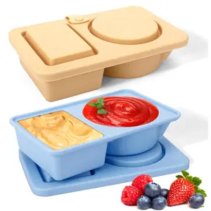 Silicone Lunch Box with Lid, 2-grid Reusable Snack Box, Airtight Bento Boxes, Food Storage Container for Sauce, Dip, Snack, Lunch Box for Outdoor