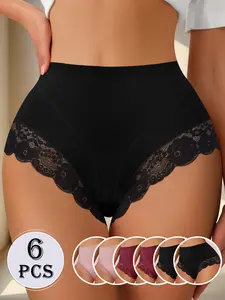 QUASTI 6 Packs High Waist Stretch Ice Silk Sexy Ladies Briefs with Lace Edge,Mix Colors Seamless Breathable Soft Panties,Suitable for Ladies Women's Dailywear,Soft Minimalist Underwear,Elegant Womenswear Black Basic Lingerie,S-XXL