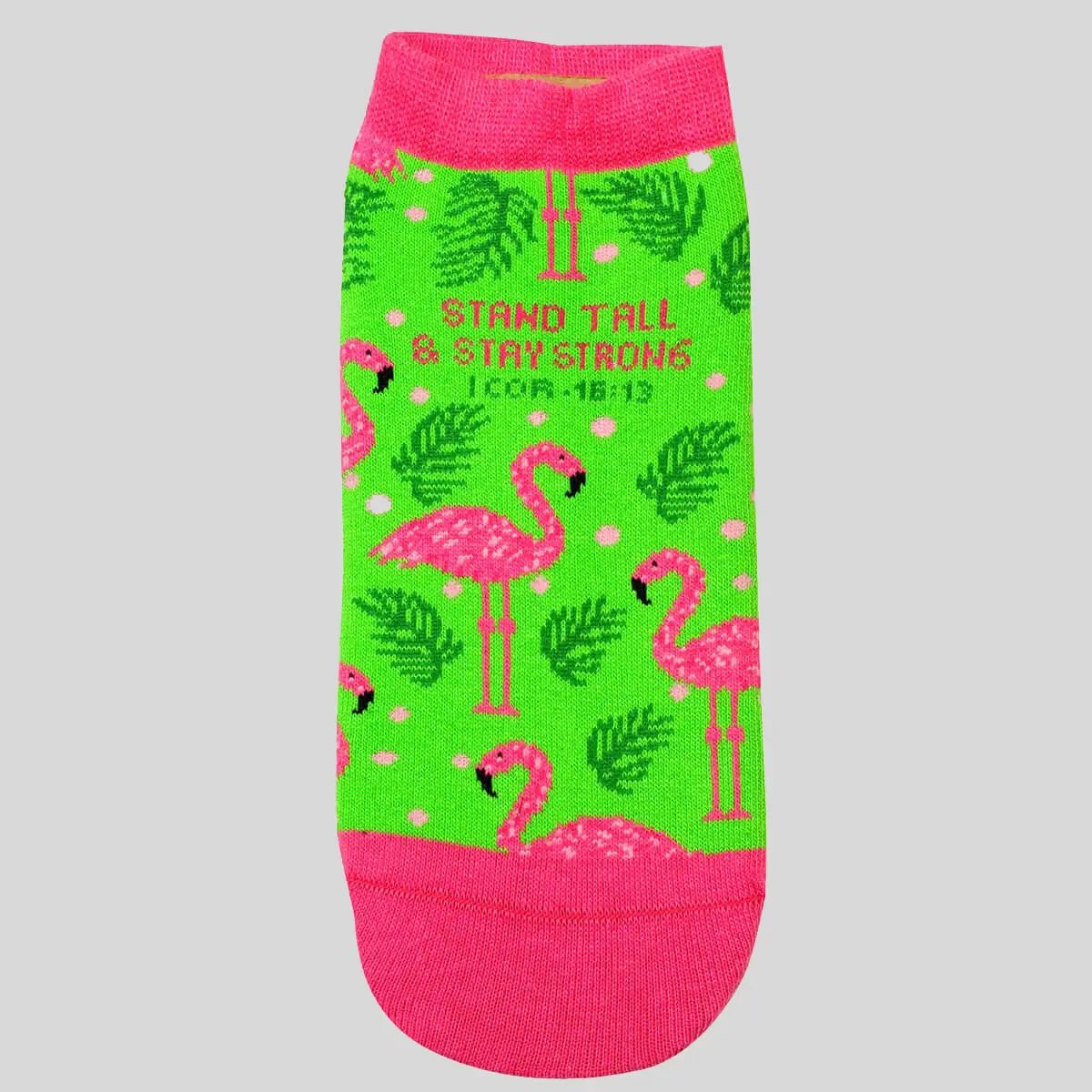 Ladies' Flamingo Ankle Socks, Comfortable Green Low Cut Cotton Blend Christian Socks with Biblical Quote, Courage, Bird, Fits, Casual, Polyamide, Religious, Casual Wear, Elastane, Birds Motif, Bird Motif, Faithful Quote