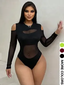 Women's Round Neck Long Sleeve Bodysuit, Solid Color Bodysuit for Women, Casual Comfy Bodysuit for Daily Wear, Tops