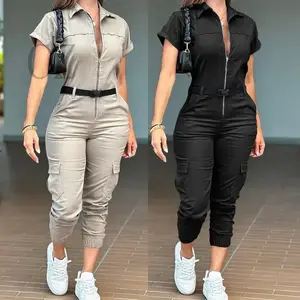 2025 New Women's Fashion Zipper Coveralls Short Sleeve Lapel Multi-Pocket Belt Jumpsuit[CZ] Womenswear Basic jumpsuit