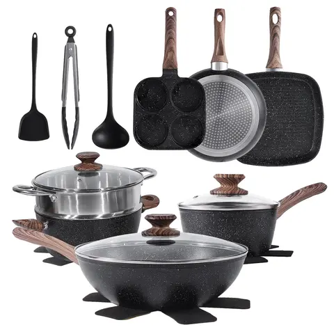 17-Piece Black Granite Cookware Set with Nonstick Coating & Removable Handle Induction Compatible PFOS/PFOA Free Ultra-Durable Lightweight Design for Easy Storage Space Saving CookingEssentials HomeKitchen