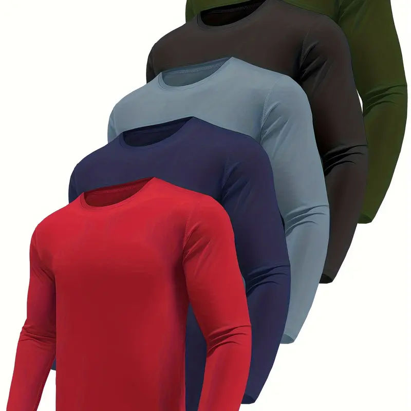 Men's 5-Pack Plain Pull-On Long Sleeve Crew Neck Athleisure Workout Tops - Moisture-Wicking, Pill-Resistant, Breathable, Quick Dry, Flexible Fabric Shirts for Athletic Training, Running (XL, Ideal for Fitness Goals)