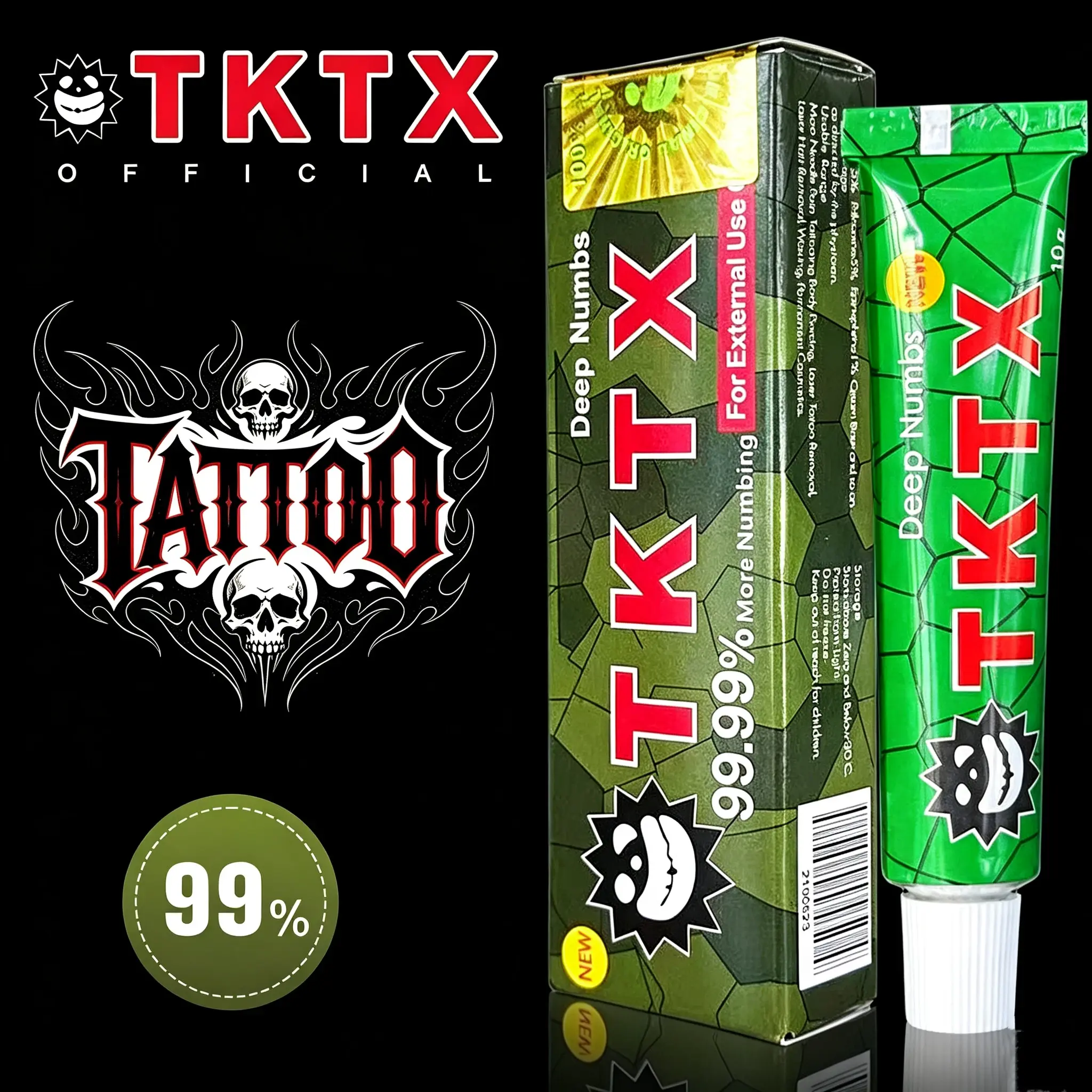 TKTX 99% Cosmetic Tattoo Numbing Paste - Maximum Strength Gentle Lightweight Soothing Cream for Painless Tattoos, Piercings - 10g, All Skin Types, 6-8 Hour Pain Relief, Green Tube, Multi-Use Advanced