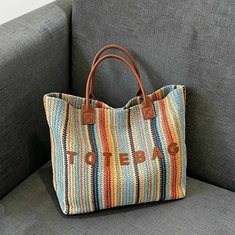 Large capacity tote bag seaside vacation niche rainbow woven bag women's summer new shoulder beach bag