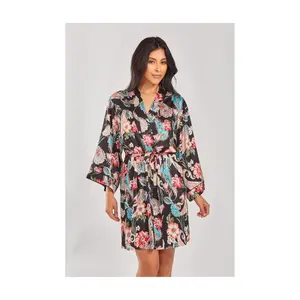 iCollection Printed Satin Robe with Piping Details