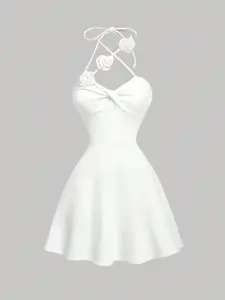 Women's White 3D Floral Dress, High Neck Fit and Flare Dress, Twist Waist Vacation Dress