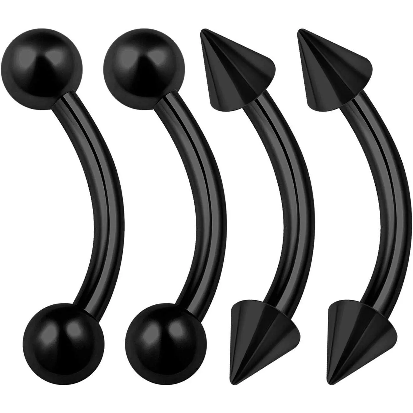4-Pack Black Anodized Surgical Steel Curved Barbells, 14G 10mm with Ball & Spike Ends for Eyebrow, Lip, Cartilage & Helix Piercings, Uniform Sizing