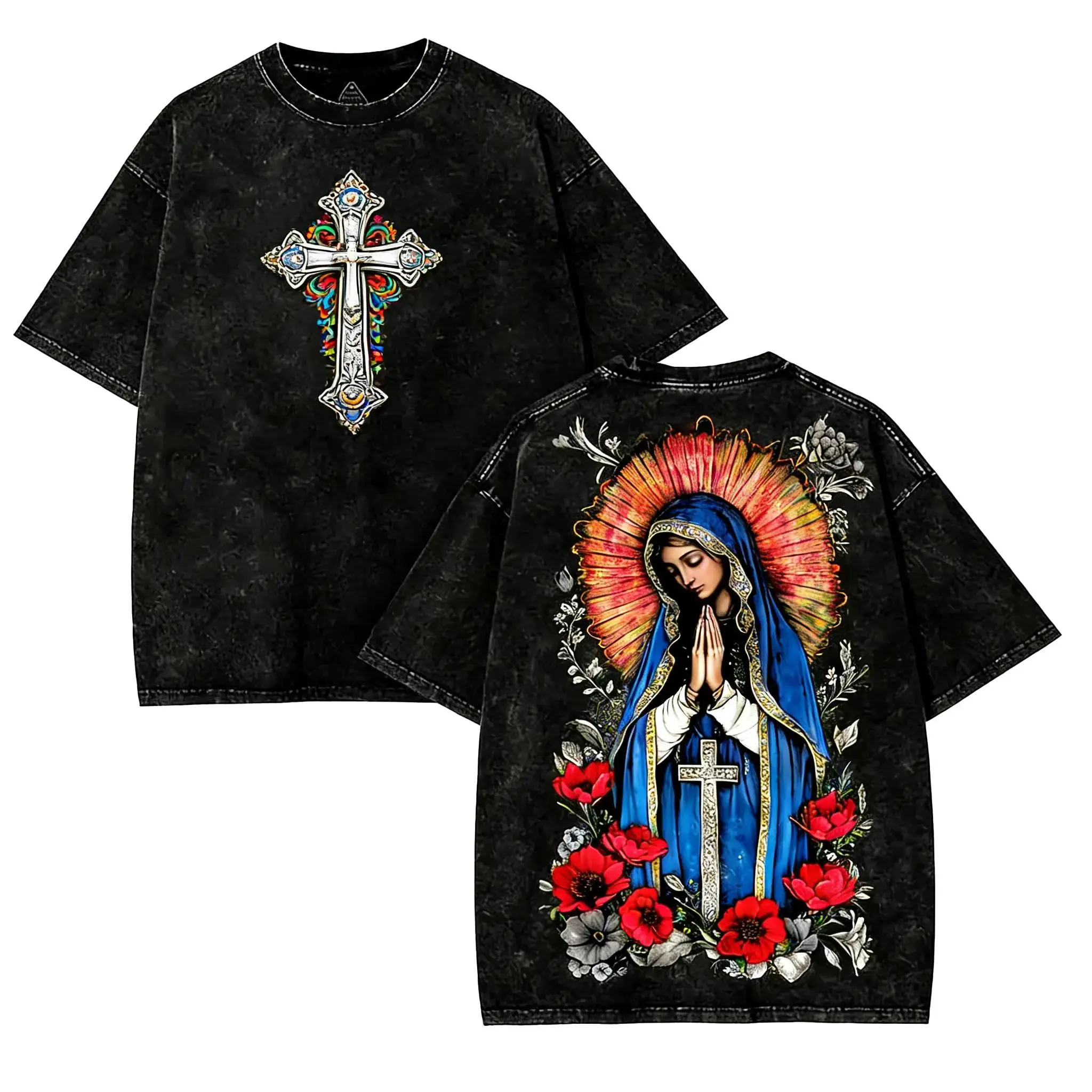 Men's Virgin Mary Printed Art T-Shirt in Washed Black Heavy Cotton, Gothic Streetwear Style Short Sleeve Round Neck Casual Top for All Seasons, Tshirt, Classic, Menswear
