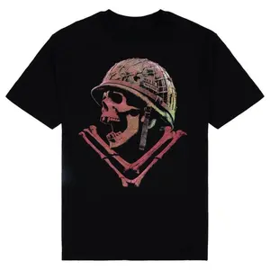 Metal Mulisha Skull with Crossed Bones Graphic Tee, Vintage Military Style T-Shirt, Bold Skeleton Print on Black Cotton Shirt, Casual Streetwear for Men & Women