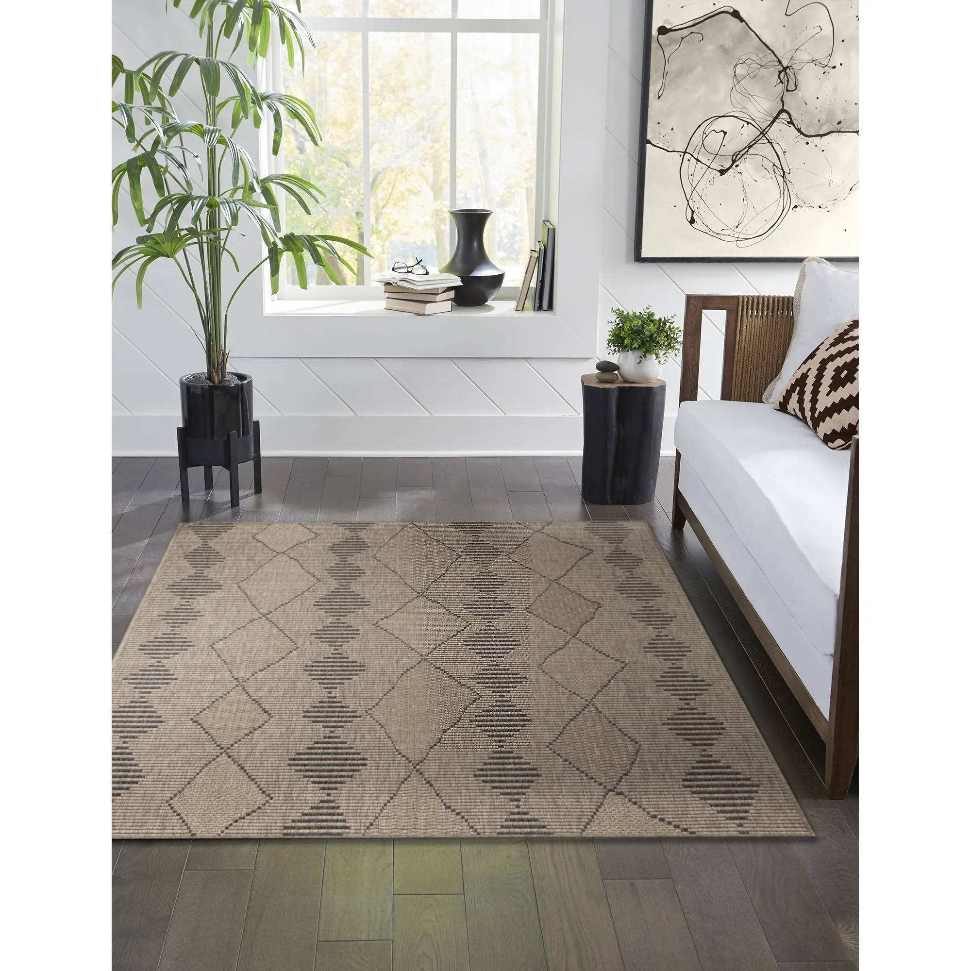 Lush Decor MONACO Indoor/Outdoor Power Loomed Polypropylene Easy Care Area Rug - Transitional Geometric Global Cabin Neutral   (Diamonds)