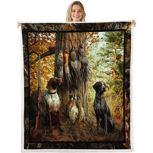 Pheasant Hunting Blanket Throw Black Dog Throw Blanket Boho Farmhouse Wild Animals Sherpa Blanket Woodland Leaves Hunter Gun Room Decor Fuzzy Blanket for Men Boys Adults Kid