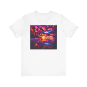 "Paradise Serenity: A Tropical Sunset Symphony" - Tropical Beach Sunset with Palm Trees Unisex Jersey Tee Classic Cotton Menswear Shortsleeve Soft Top Collars Evening Love
