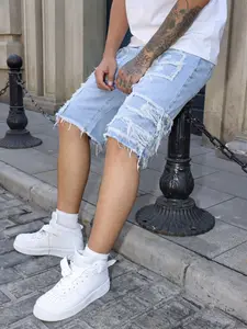 Men's Light Blue Heavy Distressed Ripped Non-Stretch Denim Shorts, Frayed Patchwork Baggy Jean Shorts, Y2K Streetwear Hip Hop Summer Casual Shorts