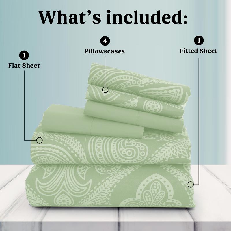 LUX DECOR 6-Pc Paisley & Solid Embroidered Bed Set- King Bed Sheet & Pillowcases - Upto 16" Deep Pocket Hotel Luxury Cozy Polyester Queen Sheets- Decorative Bedsheet Sets-Breathable Durable Sheets