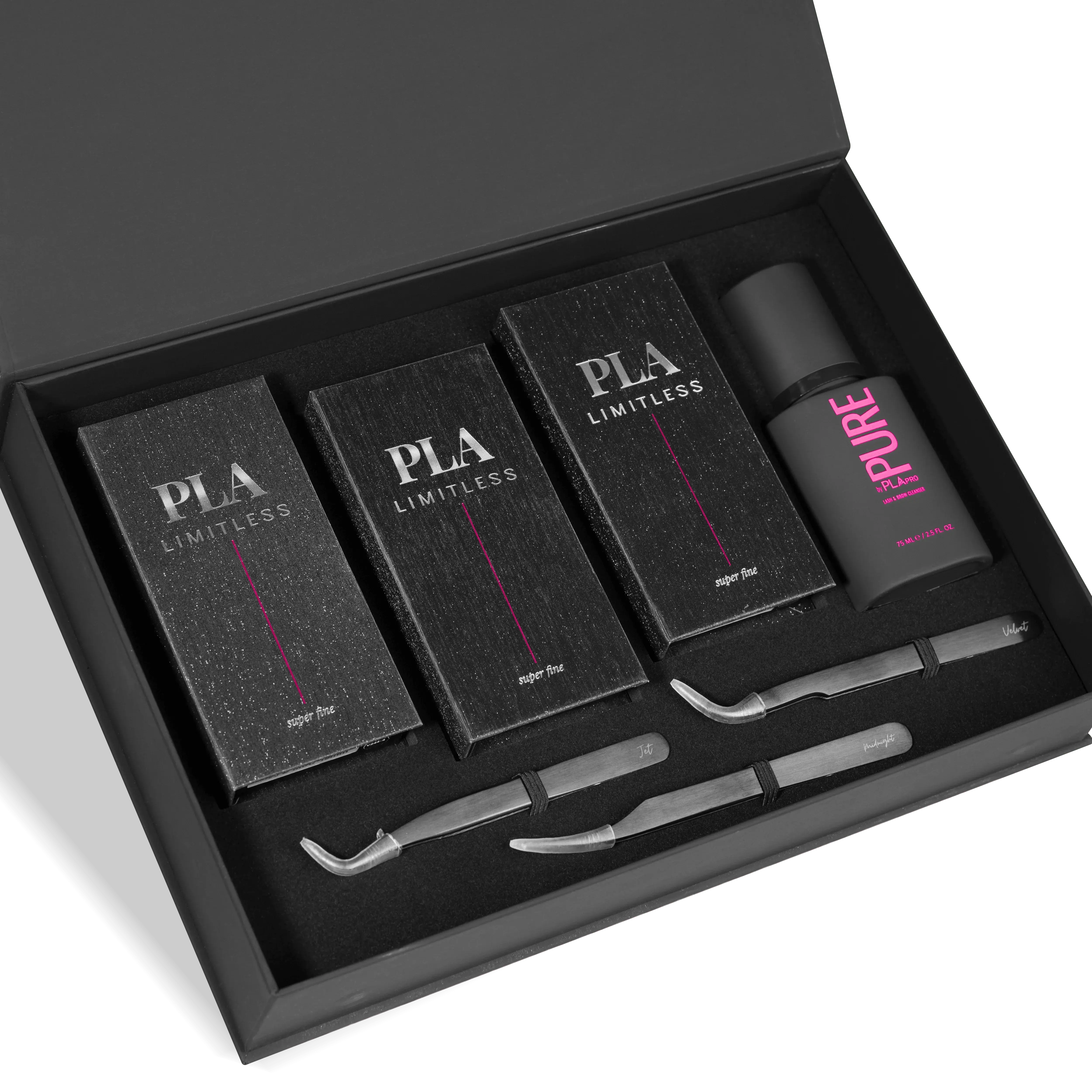 PLA Beauty LIMITLESS Lash Kit - designed for lash artists who demand flawless quality, control, and performance, it includes our best-selling LIMITLESS Control Grip Tweezers, PURE Cleanser, and 3 trays of LIMITLESS 0.03 Eyelashes in C, CC, and D curls.