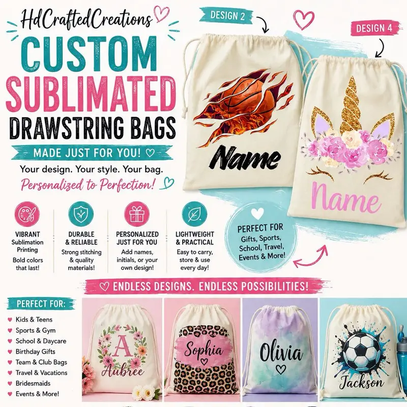 Personalized Custom Name Sublimation Drawstring Bag – 13.5 x 17 Inch Custom Gym Sack, School and Sports Bag