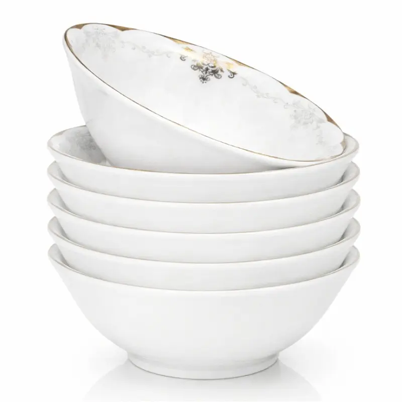 4/6pcs 6inch Luxury European Gold Rim Inner Floral Pattern Soup Bowl Elegant White Porcelain Serving Bowl Premium European Classic Style Fine Dinnerware High End Deep Bowl for Soup Pasta Salad Wedding Banquet Tableware