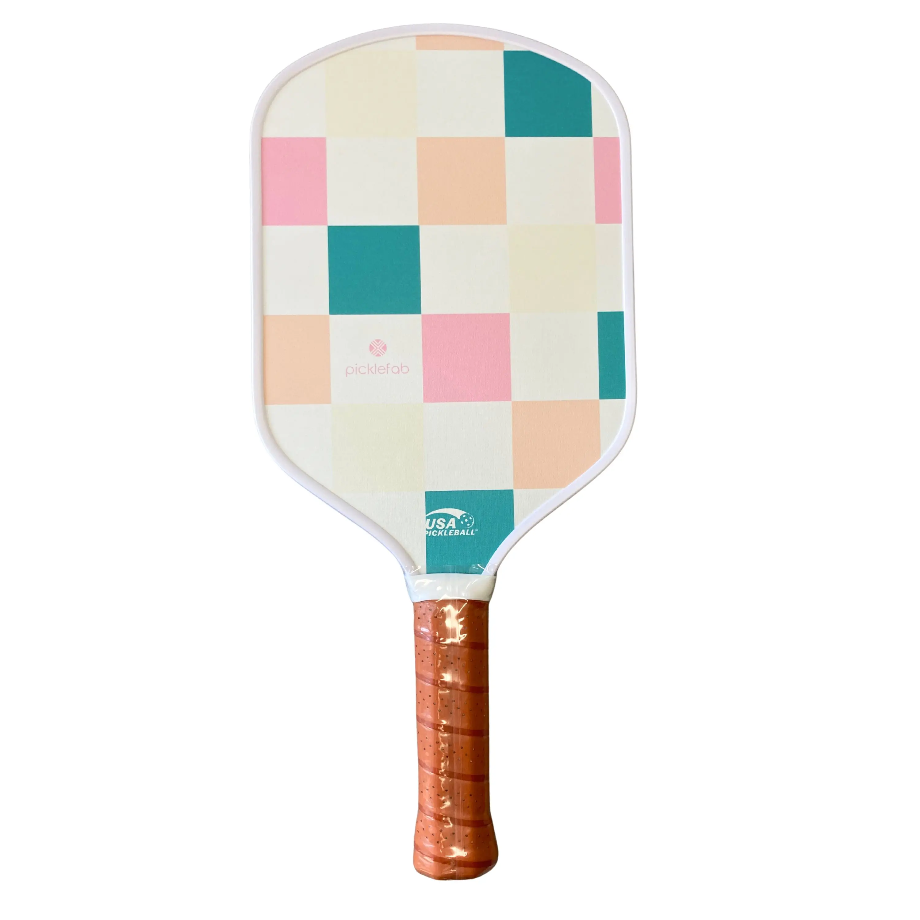 Picklefab Warm Checkers Fiberglass Pickleball Paddle for Women- Female Single Paddle with Smaller Grip - Girly Pink, Green, Coral, Yellow Checkered Racket Surface - Lightweight 8oz 16mm Core 16.5" Length - Designer Pickleball Gifts for Ladies