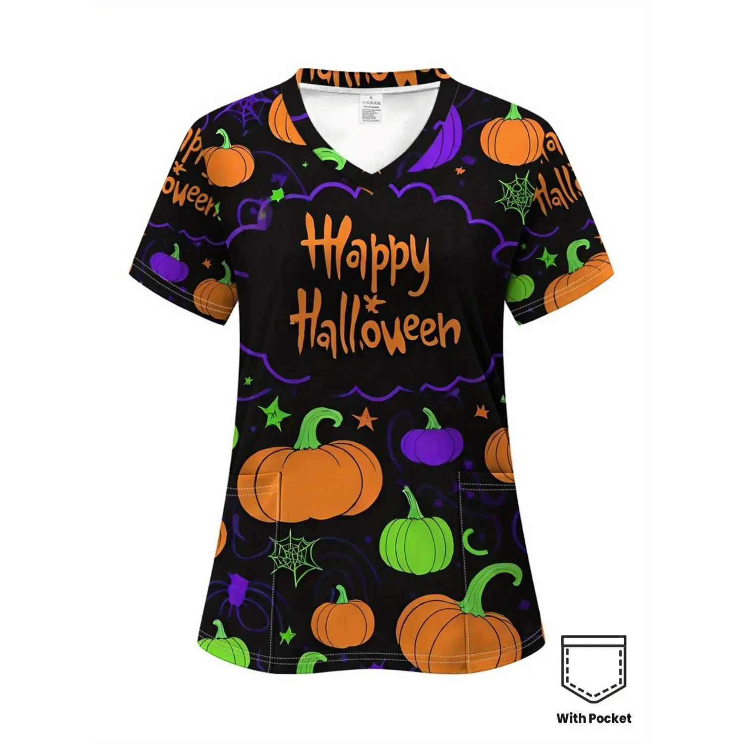 V-Neck Women's Halloween 3D Graphic Print Lightweight Work Uniform Top with Pockets - Perfect for Nurses, Short-Sleeve T-Shirt for Healthcare Professionals, Veterinarians, and Beauticians