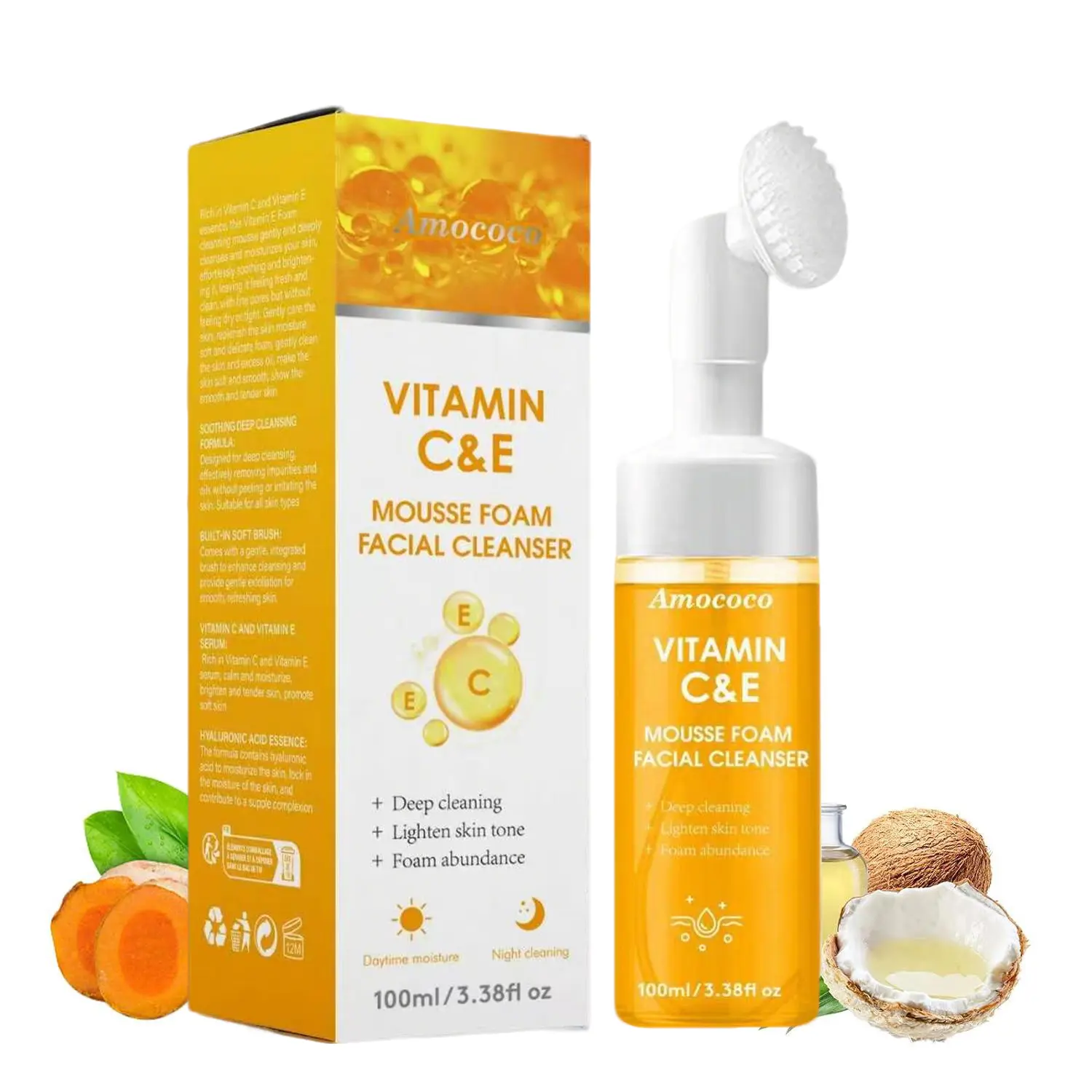 Turmeric + Kojic AcidFoaming Facial Cleanser + Silicone BrushCleansing Skincare  Gentle Face Wash Deep cleansing of the skin for repairing sensitive