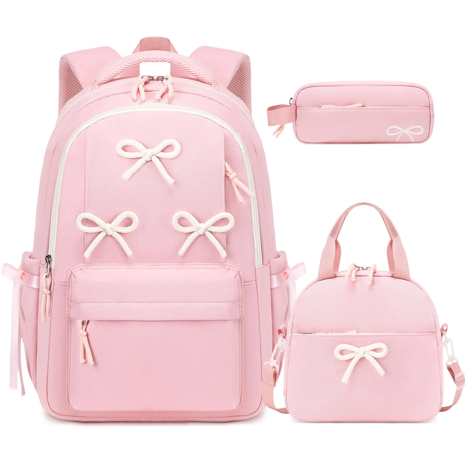SIMILOVE School Backpack for Girls - 3PCS Bow Girls Backpack with Lunch Box & Pencil Case - Casual Aesthetic Teens Kids Bookbag Travel Daypack Set for Middle High School College Student