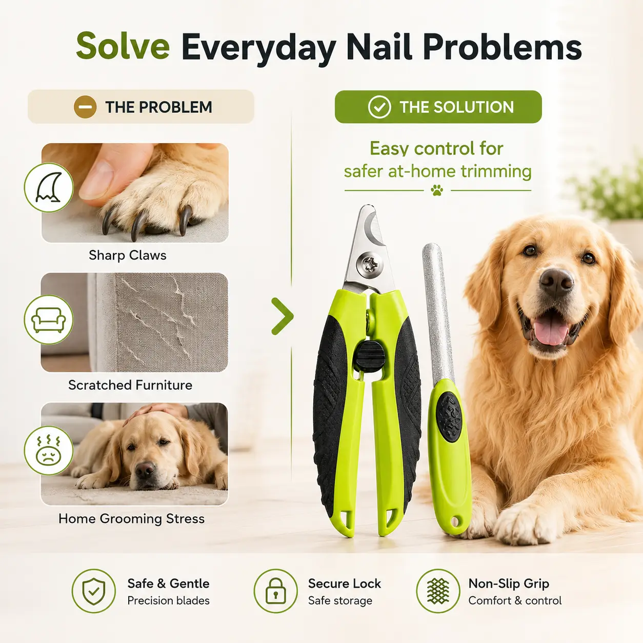 Pet Nail Clipper Set with Nail File, Sharp Stainless Steel Dog & Cat Trimmer, Safety Lock, Spring-Assisted Non-Slip Handle for Small-Medium-Large Pets, At-Home Grooming Tool