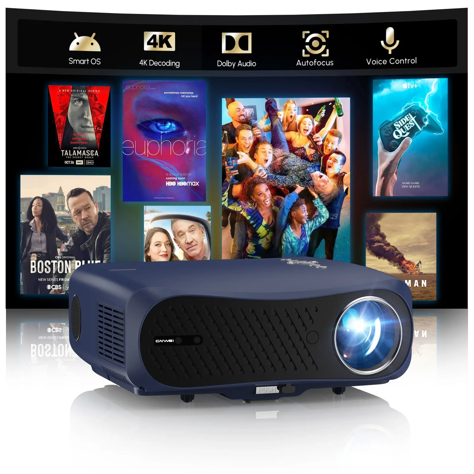 2200 ANSI Smart LED Movie Projector with Google TV Stick, Wifi Bluetooth, 4K HDR Support, DB Audio, Auto Focus, HDMI ARC, Low Latency, ZOOM, 6D Keystone Correction, Voice Remote, Wireless for Home Theater Video Gaming Ceiling Laptop