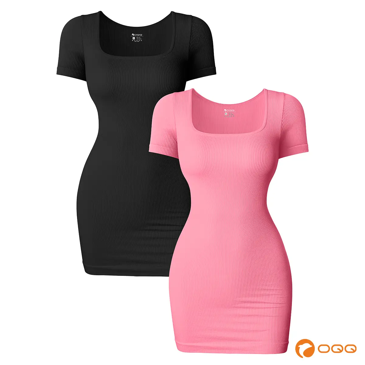 OQQfitness Womenswear Short Sleeve Square Neck Bodycon Dress Lady Summer Casual Wear