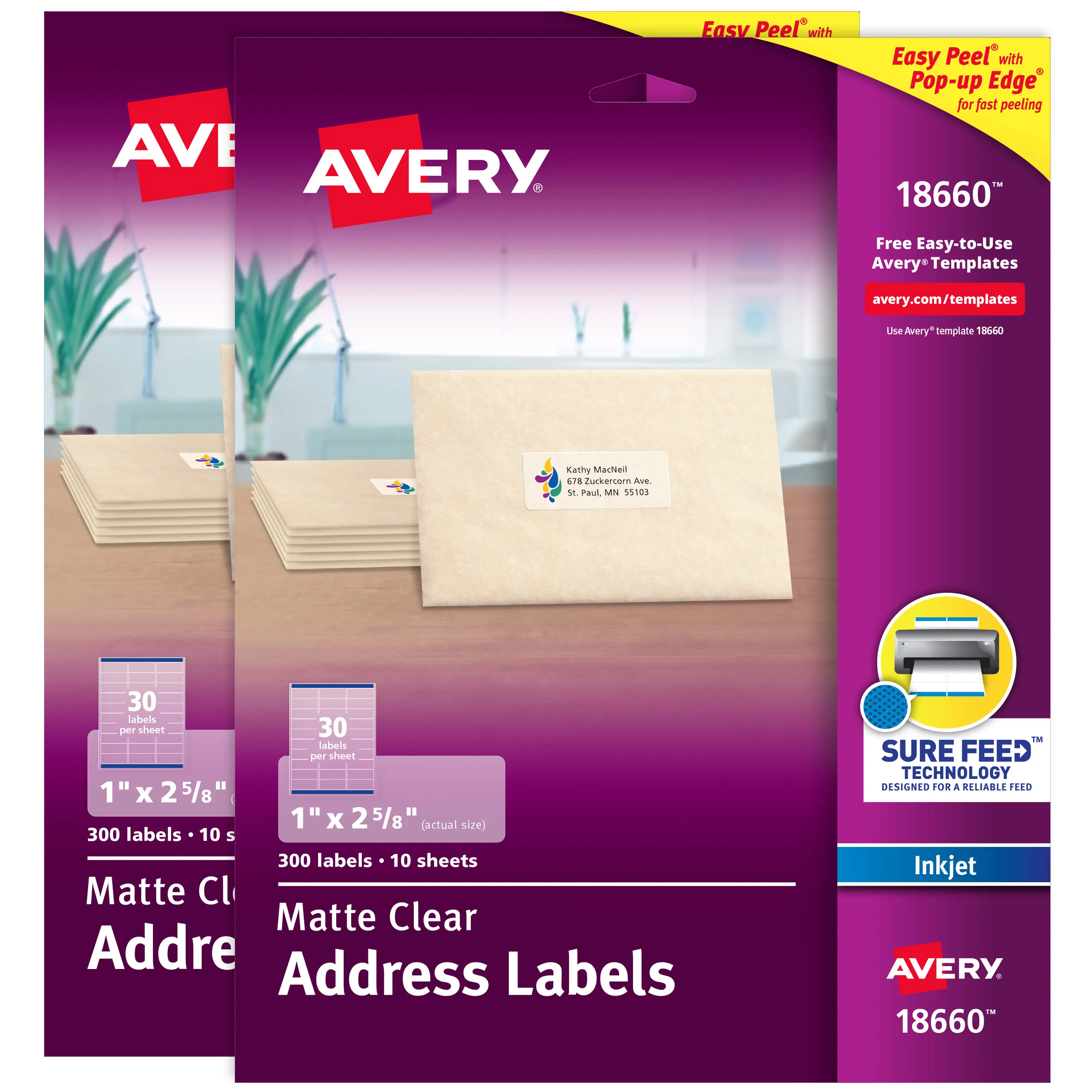 Avery Address Labels, Sure Feed, 1" x 2-5/8", (2 Pack of 18660)