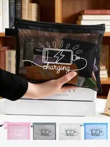 Mesh cosmetic bag with charging cable pattern, red cushion compact portable bag, Makeup Organizer Pouch, makeup bag, skincare bag, travel essential, dorm supplies, wedding bride gift, birthday gift, gift for friends and teachers, bathroom storage