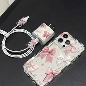 5-Piece Clear Cute Bow Pattern Phone Case Set, Includes Charger Head Cover and Cable Protector, TPU Shockproof Shell Compatible with iPhone 6 to 16 Pro Max