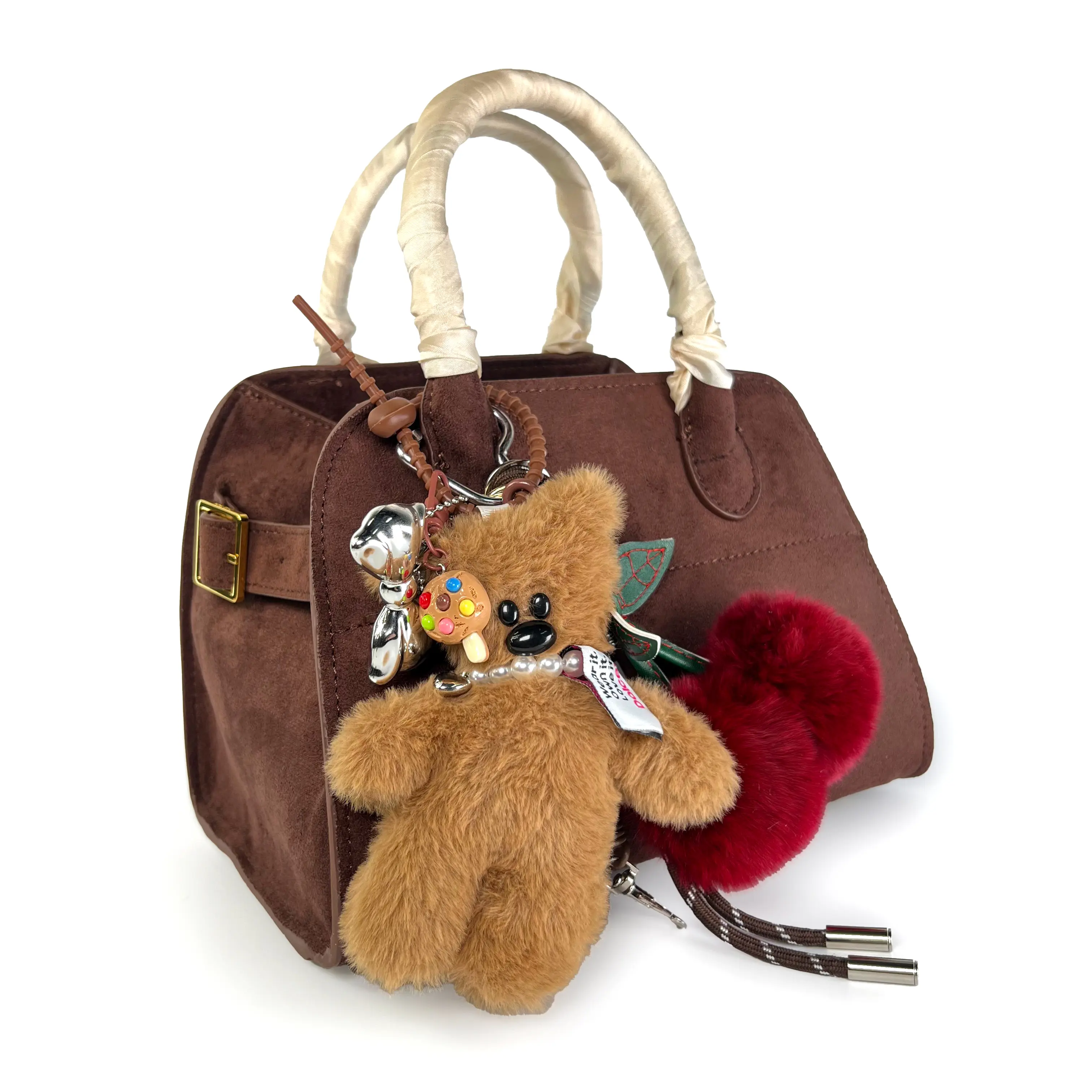 Dolcevi Teddy and Cherry Charm Set - Stylish Plush Accessories for Bags and Backpacks