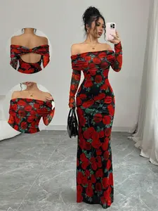 Elegant Rose Off-Shoulder Dress, Slim-Fitting Floral Pattern, Perfect for Autumn New Year Valentine's Day Women's Fashion Chic