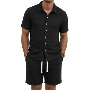 Men's 2-Piece Clothes Set - Short-Sleeve Plain Shirt & Shorts, Premium Texture Fabric, for Summer Beach Vacation & Casual Wear, shortsleeve menswear