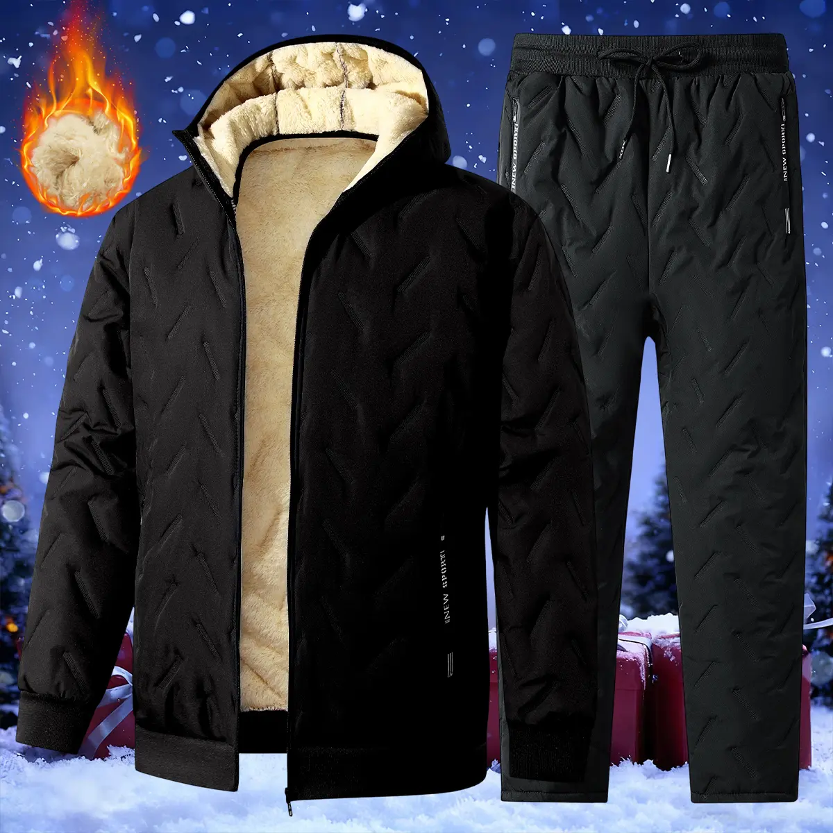 Quilted Hooded Thermal 2-Piece Warm Set with 100% Polyester Sherpa Lining | For Daily Walking, Family Outings & Casual Errands | Windproof Insulated Suit to Keep You Extra Warm in Cold Weather