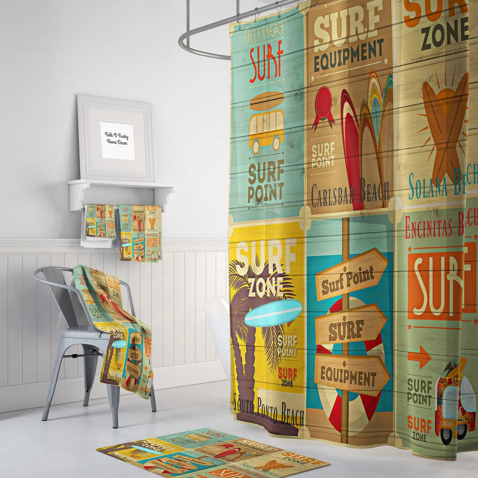 Retro Surfer Beach Flannel Shower Curtain - Waterproof, Non-Slip Polyester Fabric, 71x71 in Vintage Surf Art, Versatile Wall-Mount Bathroom Standard Set